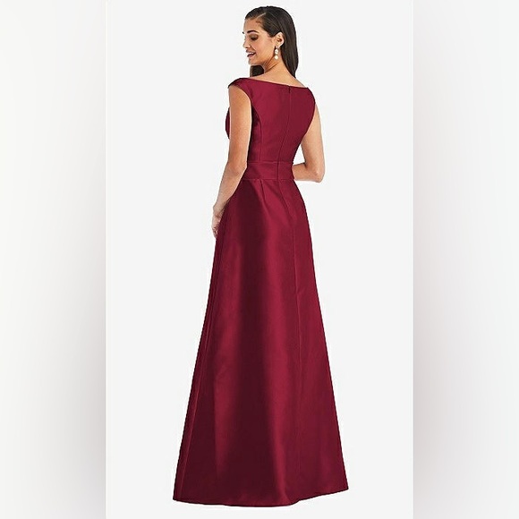 NWT Alfred Sung Off-the-Shoulder Draped Wrap Satin Burgundy Dress, Size 18 R-1 - Picture 3 of 15